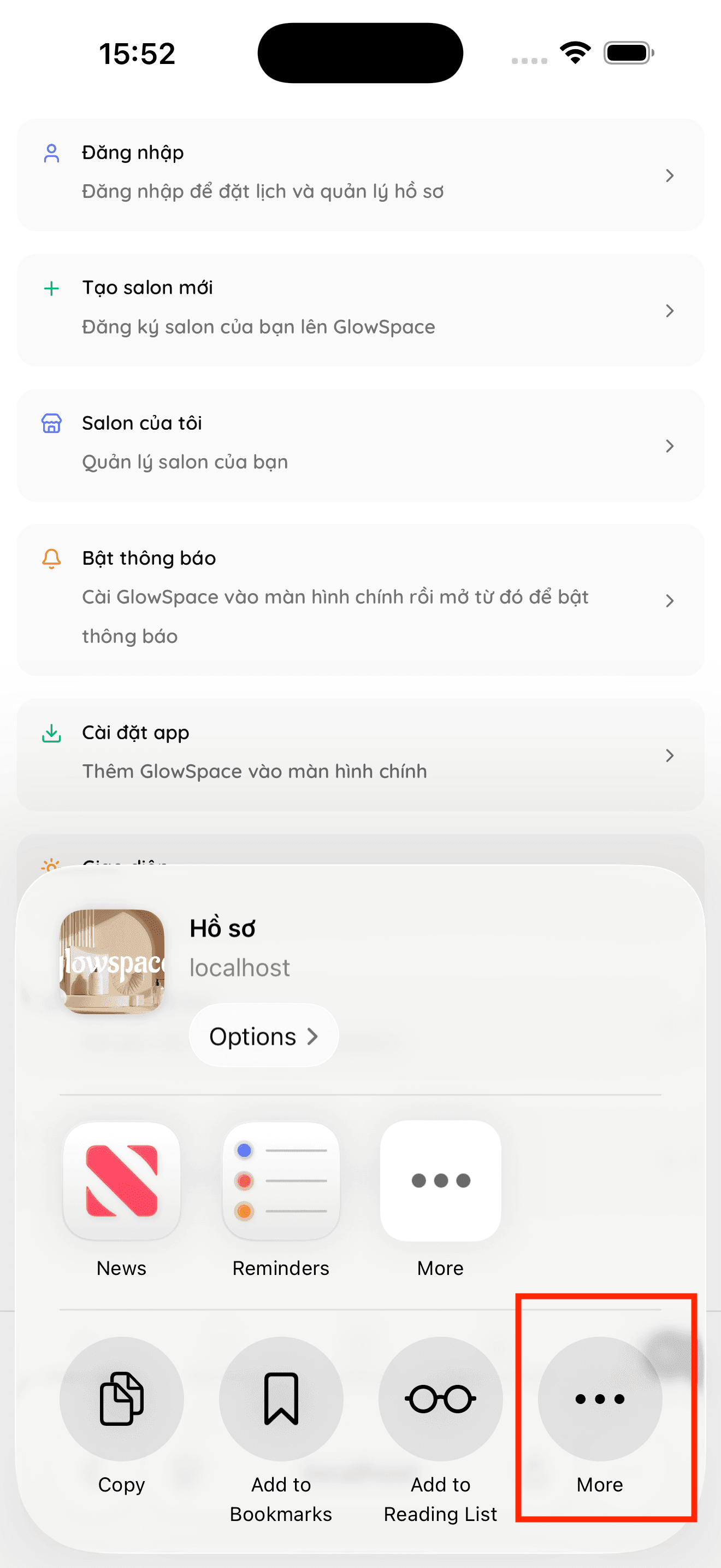 Chọn Thêm (More) trong bảng Chia sẻ của Safari
